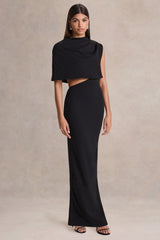 Roseth | Black High-Neck Maxi Dress With One-Sleeve And Body Cut-Out Detail