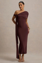 Praia | Chocolate Brown Asymmetric-Neck Midi Dress With Sash and Draped Detailing