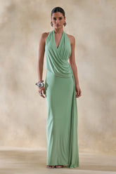 Rosina | Sage Halter-Neck Draped Maxi Dress With Sash