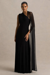 Selena | Black High-Neck Maxi Dress With Cut-Out And Cape Sleeve Detail