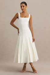 Magnolia | White Scoop-Neck Midi Dress With Drop-Waist And Ruffling Detail