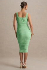 Lisbon | Light Green Maternity Square Neck Ruched Midi Dress