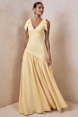 Cala | Lemon Satin Plunge-Neck Maxi Dress With Bow-Sleeves
