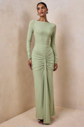Matilda | Light Green Boat-Neck Maxi Dress With Ruched Detailing