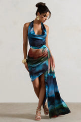 Bali | Blue Blur Print Satin Cowl-Neck Draped Midi Dress