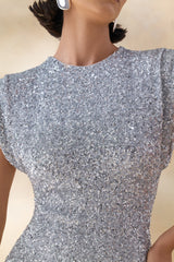Aurah | Silver Sequin Crew-Neck Maxi Dress With Cap Sleeves