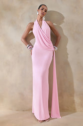 Rosina | Pink Halter-Neck Draped Maxi Dress With Sash