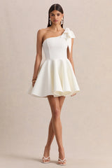 Prosperity | White Asymmetric-Neck Mini Dress With Bow Detail