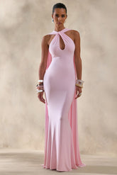 Rhoda | Light Pink Twist Halter-Neck Cape Maxi Dress