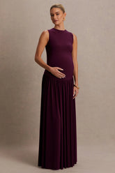 Outline | Plum Crew-Neck Maternity Maxi Dress With Pleated Skirt