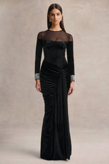 Perrin | Black Velvet Crew-Neck Maxi Dress With Embellished Cuffs