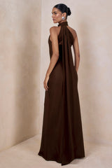 Cara | Brown Satin High-Neck Maxi Dress