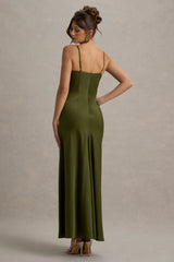 Eimear | Olive Green Satin Draped Sweetheart Maxi Dress