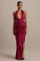 Lynette | Burgundy Satin Plunge-Neck Maxi Dress With Asymmetric Hem