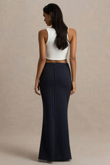 Elana | Navy Pinstripe Maxi Skirt With Front-High Split