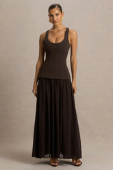 Kelly | Brown Scoop-Neck Maxi Dress With Pleated Mesh Skirt