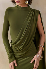 Oliria | Olive High-Neck Maxi Dress With One-Long Sleeve And Sash-Detail