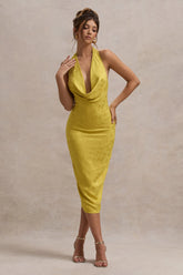 Maciza | Mustard Satin Jacquard Cowl-Neck Midi Dress