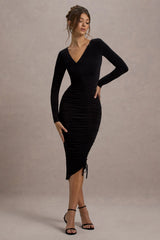 Lilia | Black Ruched Asymmetric Midi Dress