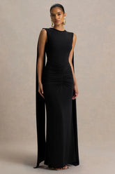 Premiere | Black Boat-Neck Maxi Dress With Open-Back And Cape-Sleeves