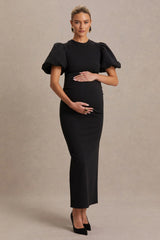 Luna | Black Crew-Neck Maternity Midi Dress With Puff-Sleeves