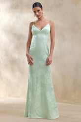 Carelle | Green Satin Plunge-Neck Maxi Dress With Asymmetric Drop-Waist