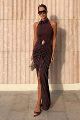 Horizon | Brown High-Neck Maxi Dress With Draped Detailing