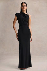 Blaire | Black Asymmetric-Neck Maxi Dress With Gold-Detailing