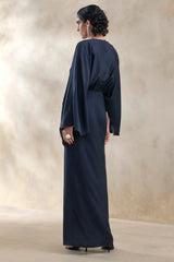 Delphina | Navy Satin Maxi Dress With Gathered And Knot-Detail