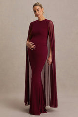 Currant | Berry High-Neck Maternity Maxi Dress With Cape
