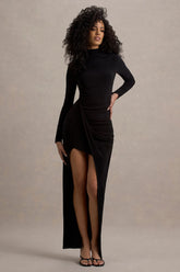 Victoria | Black Long-Sleeve Maxi Dress With Wrap Skirt