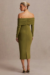 Elspeth | Olive Bardot-Neck Maternity Midi Dress