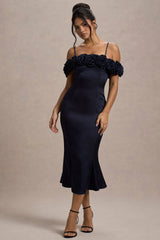Petunia | Navy Satin Floral Bardot Midi Dress