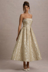 Zuma | Gold Metallic Jacquard Strapless Midi Dress