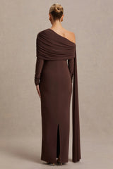 Cyra | Brown Bardot-Neck Maternity Maxi Dress With Sash