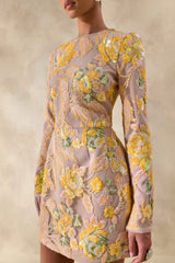 Merdia | Yellow Embellished Floral Crew-Neck Mini Dress