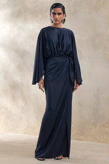 Delphina | Navy Satin Maxi Dress With Gathered And Knot-Detail
