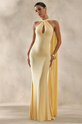 Rhoda | Lemon Twist Halter-Neck Cape Maxi Dress