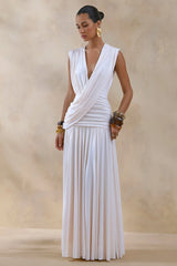 Glorina | Cream Plunge-Neck Maxi Dress With Draped-Detailing