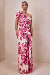 Emberly | Pink Hibiscus Floral Print Asymmetric Neck Maxi Dress With Drop Waist