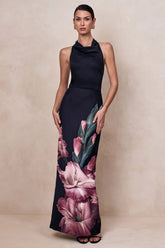 Palatial | Pink Border Print Halter-Neck Cowl Maxi Dress