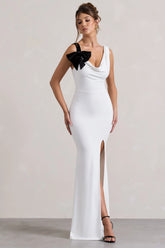 A Catch | White Cowl-Neck Split Maxi Dress With Bow