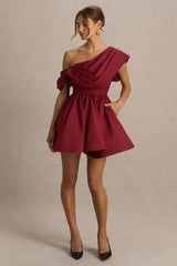 Verona | Burgundy Draped Asymmetric-Neck Skater Mini Dress