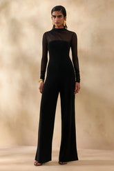 Emeria | Black High-Neck Jumpsuit With Long Mesh-Sleeves