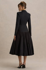 Cosmopolitan | Black Plunge-Neck Tailored Midi Dress With Pleated Hem