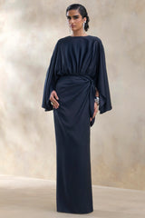 Delphina | Navy Satin Maxi Dress With Gathered And Knot-Detail
