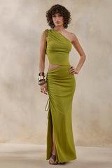 Margie | Green Maxi Skirt With Ruched Detail And Front High Split