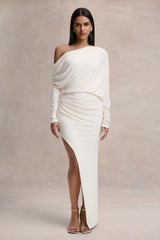 Olivia | Cream Asymmetric-Neck Maxi Dress With Ruched Detailing Asymmetric-Hem