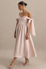 Agafay | Rose Pink Satin Short-Sleeve Bardot Wrap Midi Dress With Bow Detail