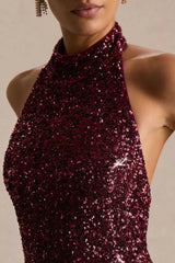 Tulia | Burgundy Sequin High-Neck Maxi Dress